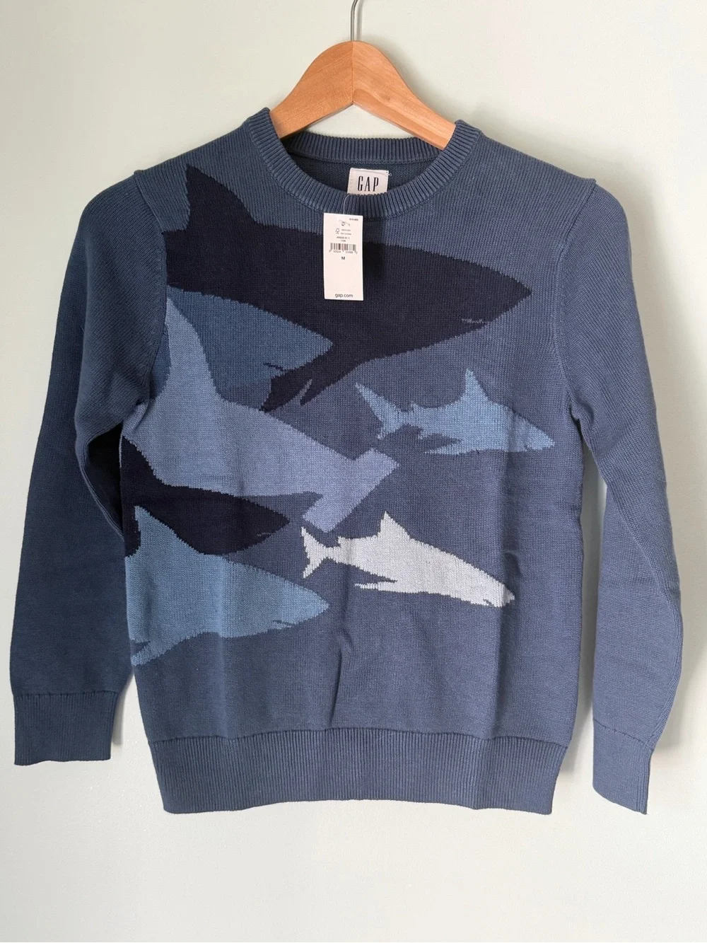 Gap Kids Shark Intarsia Sweater Boys M 8-9 Blue 100% Cotton NWT